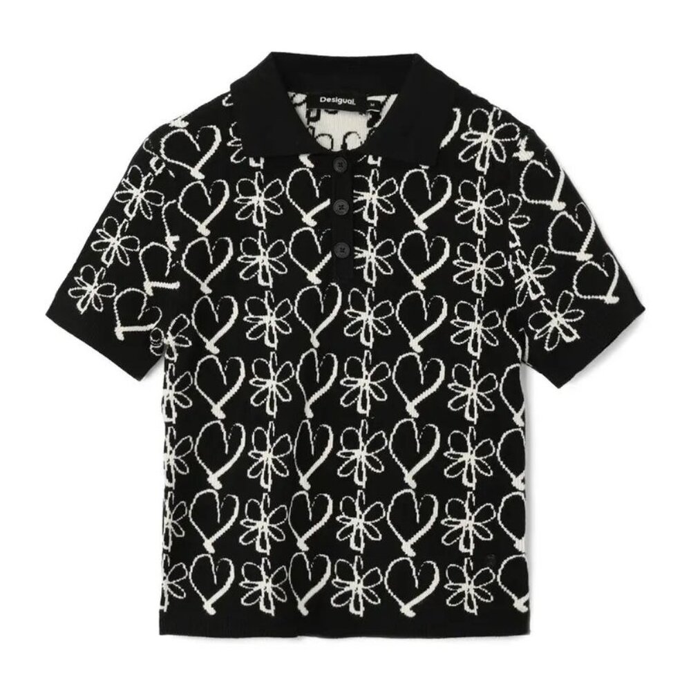 DESIGUAL Coeurs Lacroix Polo Sweater Black White Knit sz S Women's